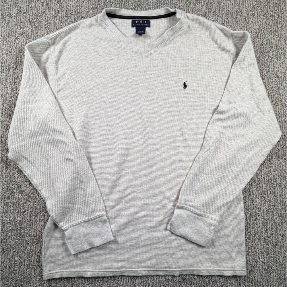 Polo Ralph Lauren Thermal Shirt Mens XL Grey Long Sleeve V-Neck Waffle Knit Pony